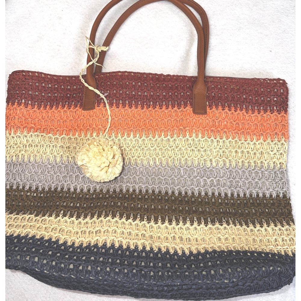 Target Straw Beach Tote Bag Stripe Woven Paper Raffia Look‎ Crochet